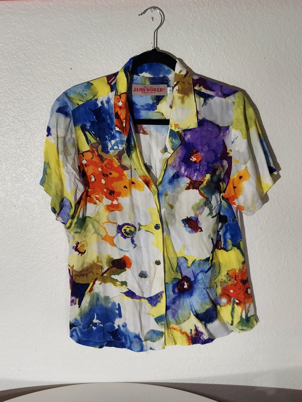 JAMS WORLD Floral Watercolor Short Sleeve Button Up Shirt WM Size L- Multicolor